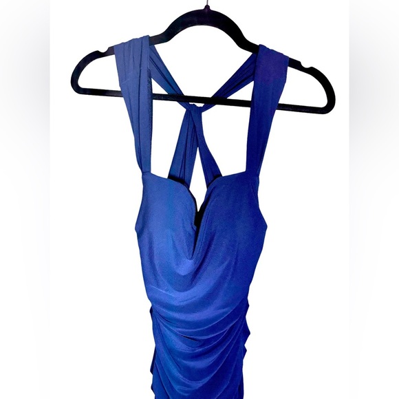 [ LAUNDRY by SHELLI SEGAL ] Deep Blue Crossed Back Ruched Midi Dress : Sz 4 - Picture 2 of 4